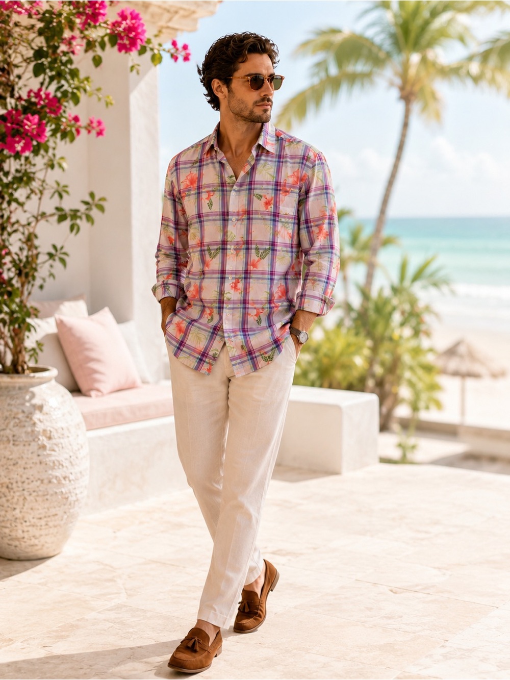 Tommy Bahama Vedado Plaid Shirt with Coral Floral Print Mens Shirt Size XL